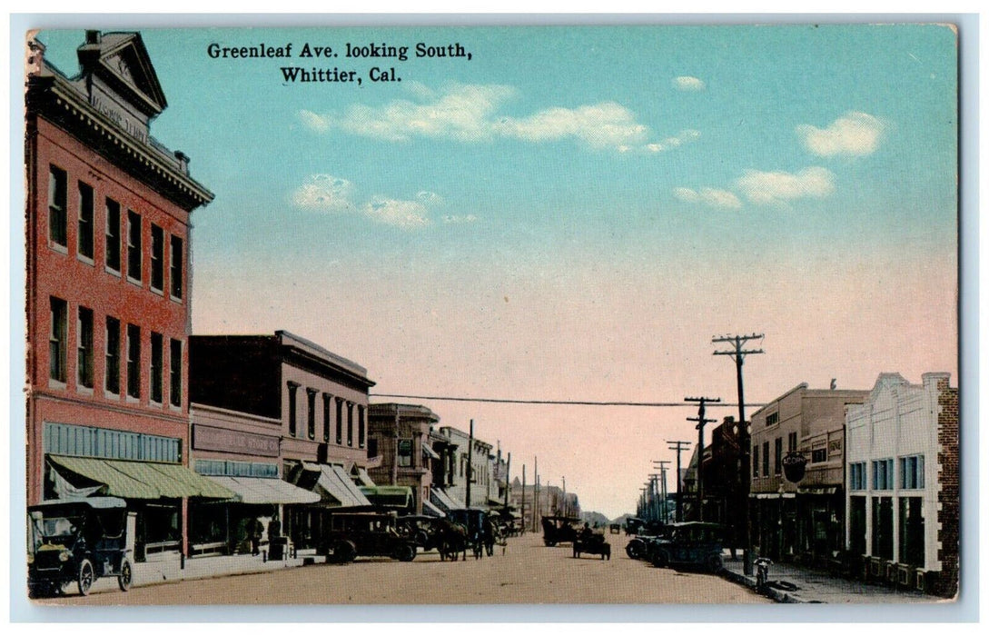 c1910's Greenleaf Avenue Looking South Stores Cars Whittier CA Antique Postcard