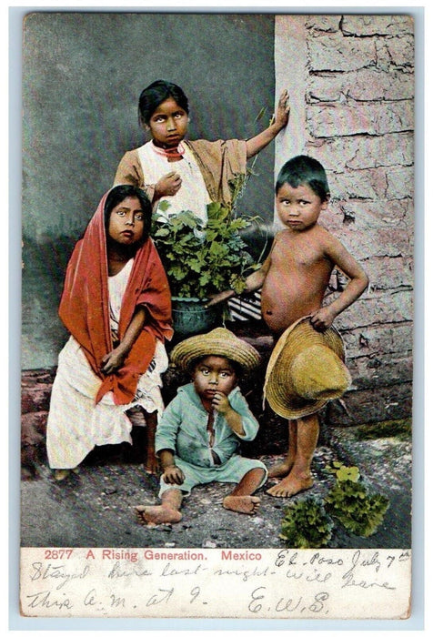 1907 Rising Generation Children Wearing Native Hat Scene Mexico Vintage Postcard