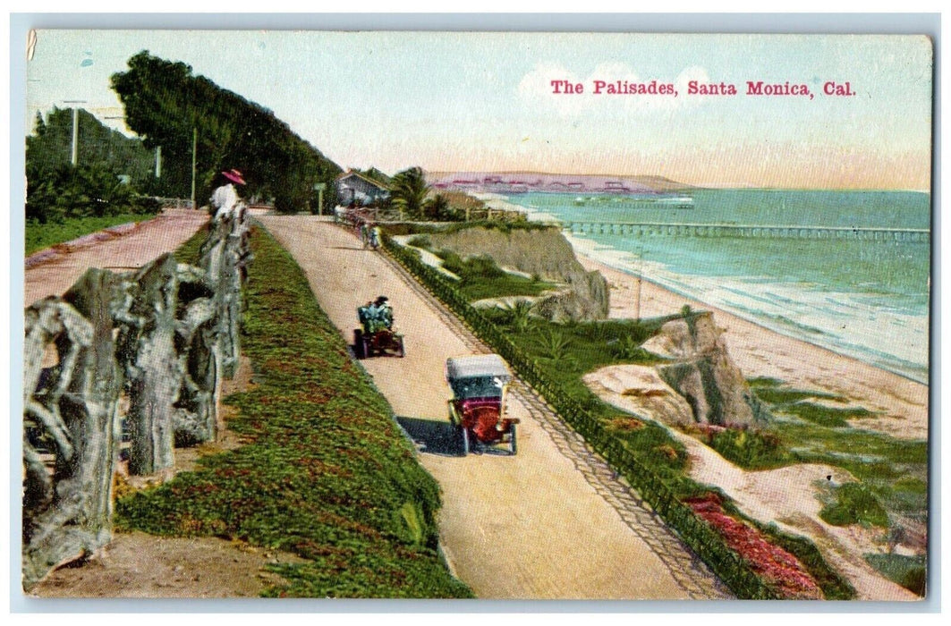 c1910's The Palisades Road Cars Scene Beach Santa Monica California CA Postcard