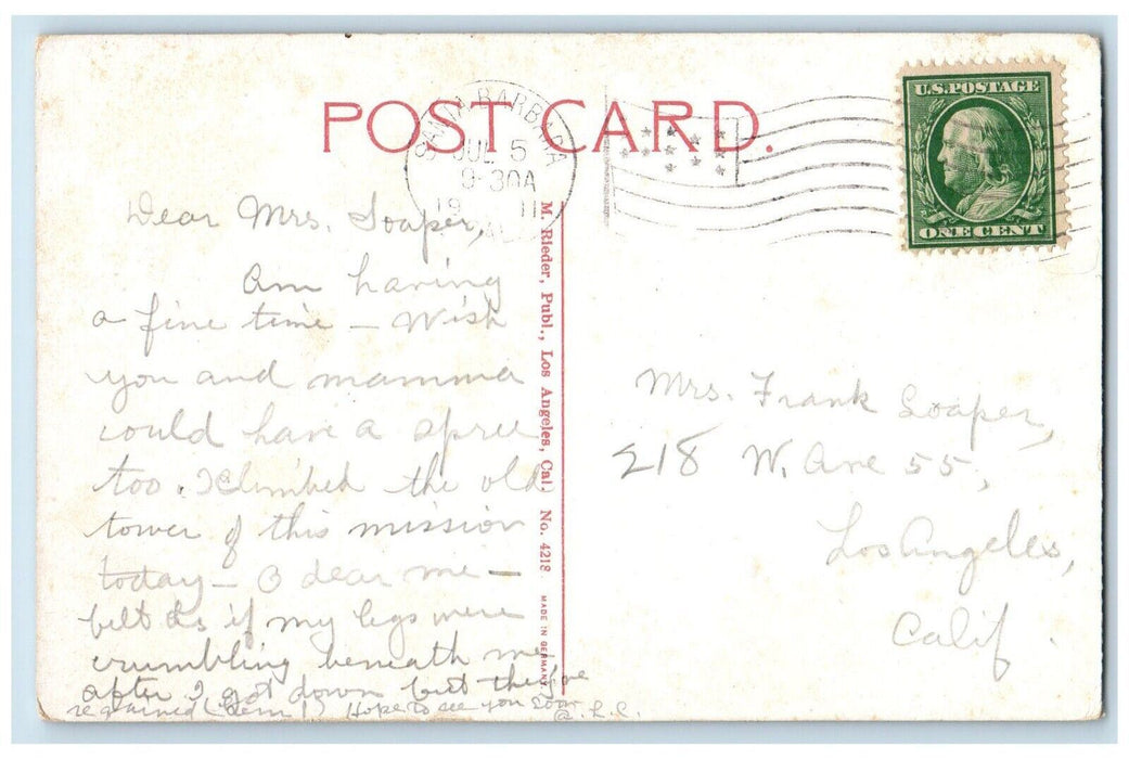 1911 The Entrance Santa Barbara Mission California CA Posted Antique Postcard