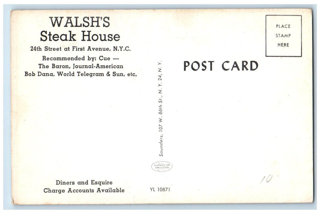 c1950's Dining Room Walsh's Steak House First Avenue New York City NY Postcard