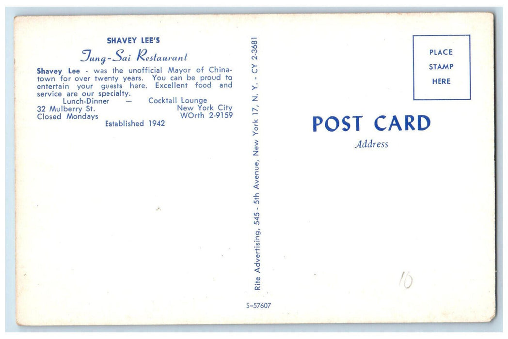 c1950's Shavey Lee's Restaurant New York City New York NY Unposted Postcard