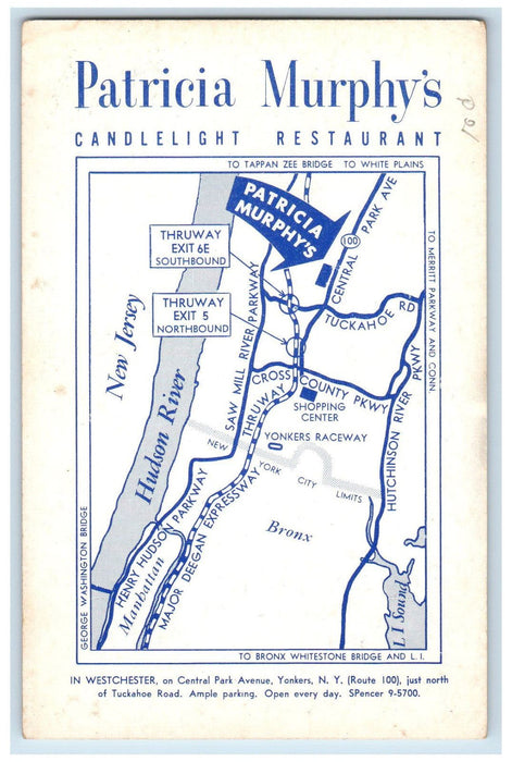 c1950's Map View Patricia Murphy's Candlelight Restaurant Yonkers NY Postcard