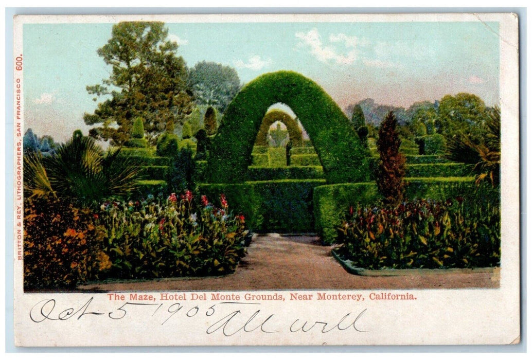 1905 The Maze Hotel Del Monte Grounds Near Monterey California CA Postcard