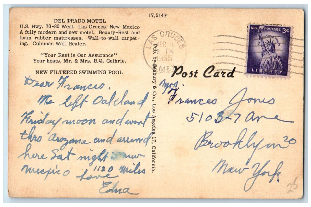 1955 Del Prado Motel Las Cruces New Mexico NM Posted Vintage Postcard