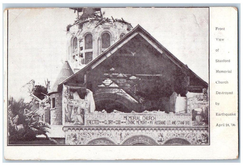 1906 Front View Of Stanford Memorial Church Destroyed Earthquake CA Postcard