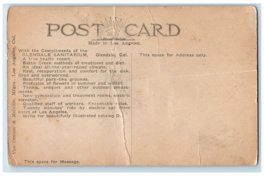 c1910's Winter Scene Glendale Sanitarium California CA Unposted Antique Postcard