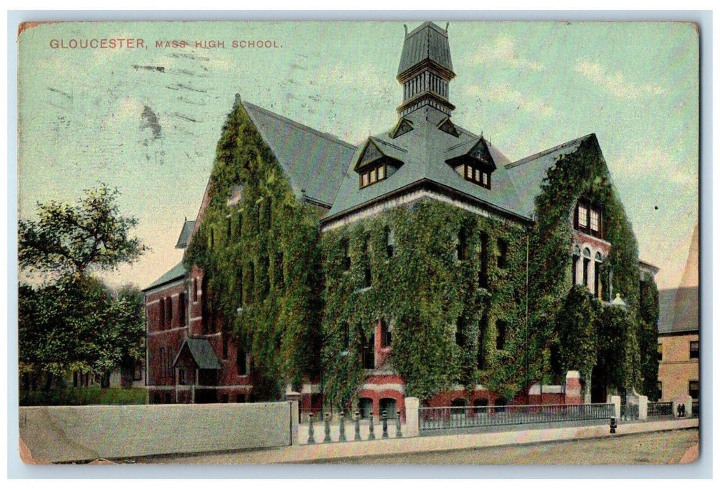 1910 Gloucester Mass High School Exterior Building Fence Massachusetts Postcard