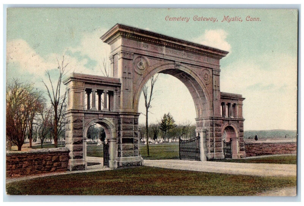 1909 Cemetery Gateway Entrance Arch Road Gate Tomb Mystic Connecticut Postcard