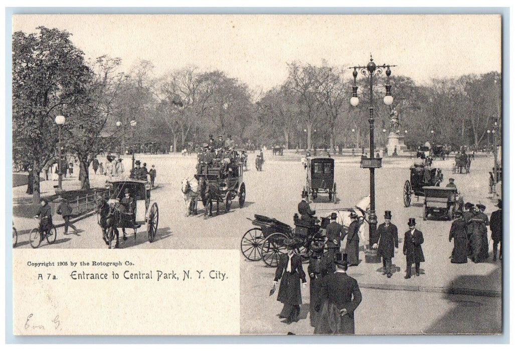 Entrance To Central Park Horse Carriage New York City NY Rotograph Postcard