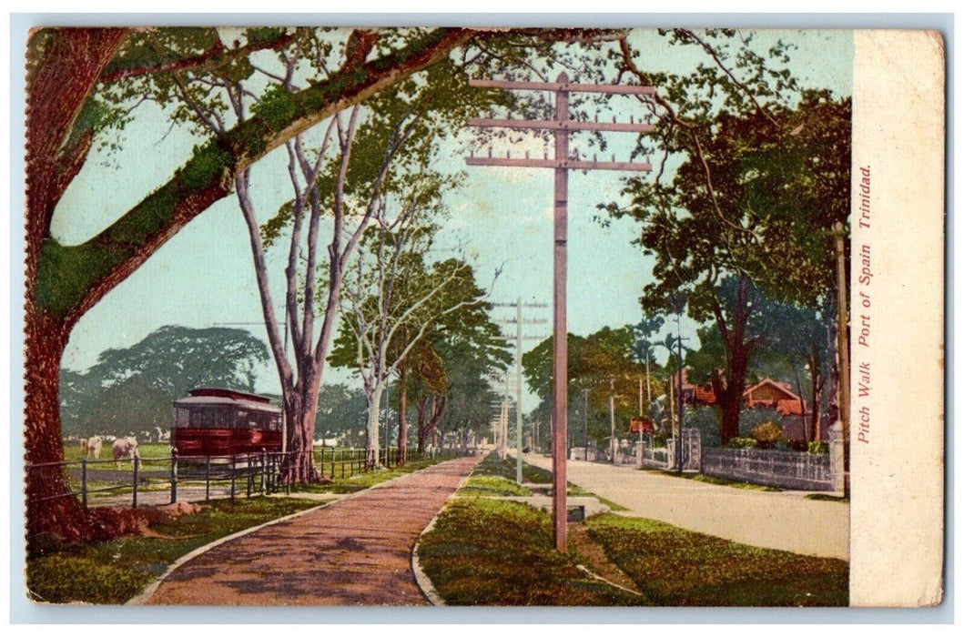 c1910 Pitch Walk Port Streetcar Sidewalk Street Spain Trinidad Vintage Postcard