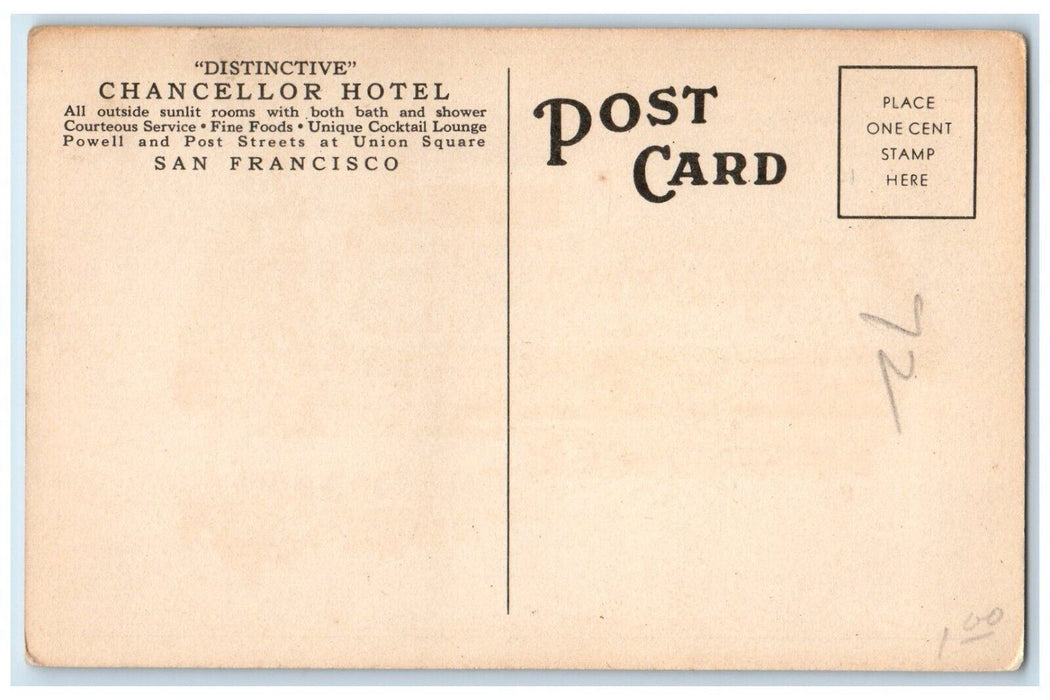 c1940 Chancellor Hotel Powell Post Building San Francisco California CA Postcard