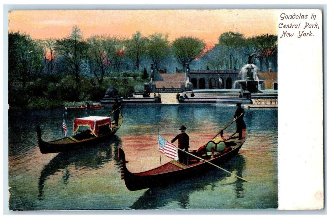 1907 Gondolas In Central Park New York NY, American Flag Posted Antique Postcard