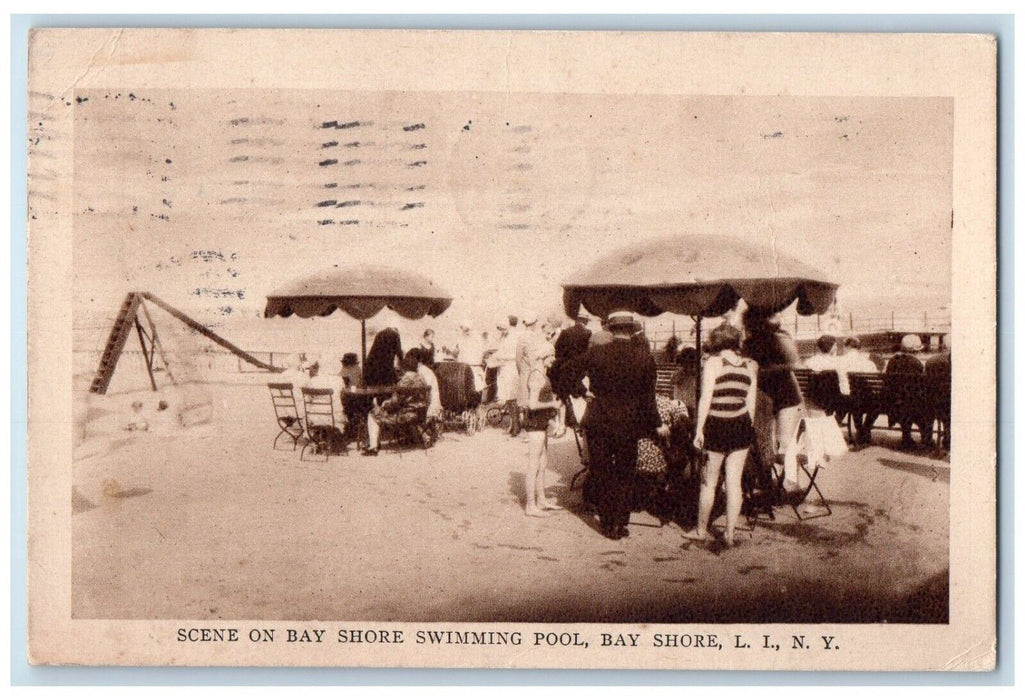 1929 Scene On Bay Shore Swimming Pool Bay Shore L. I. New York NY Postcard