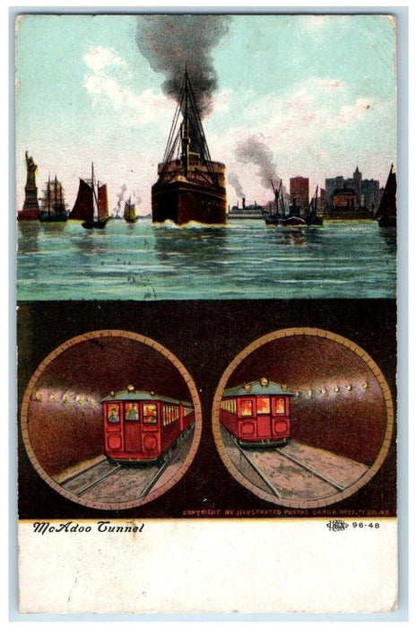 1909 Mc Adoo Tunnel And Steamer Ship New York NY Dual View Antique Postcard