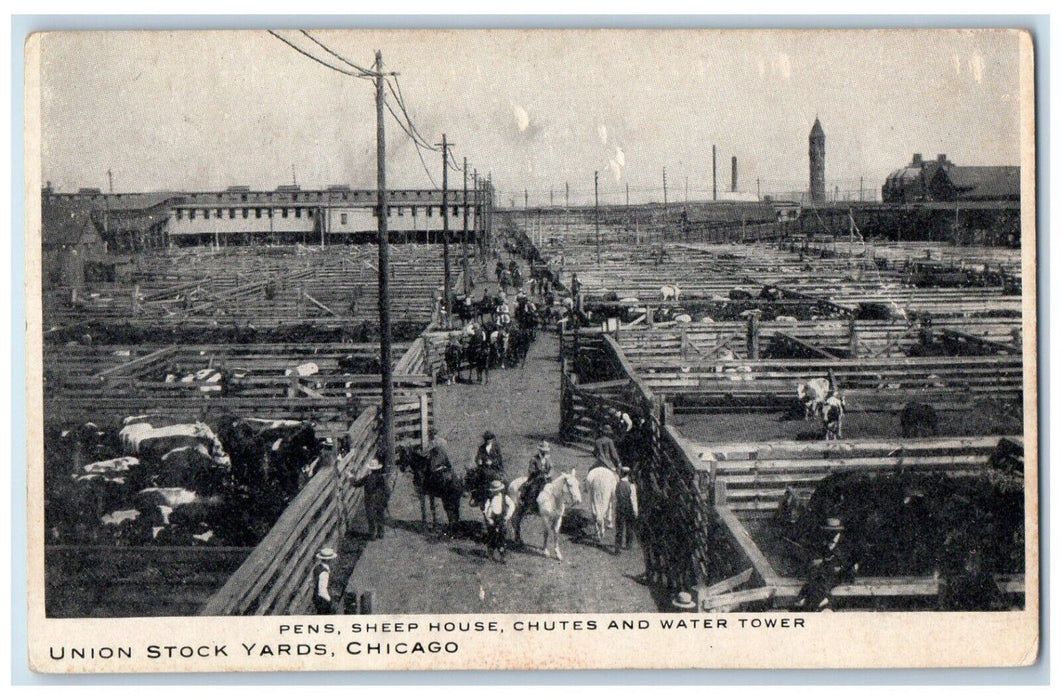 c1905 Union Stock Yards Chicago Pens Sheep House Chutes Water Tower IL Postcard