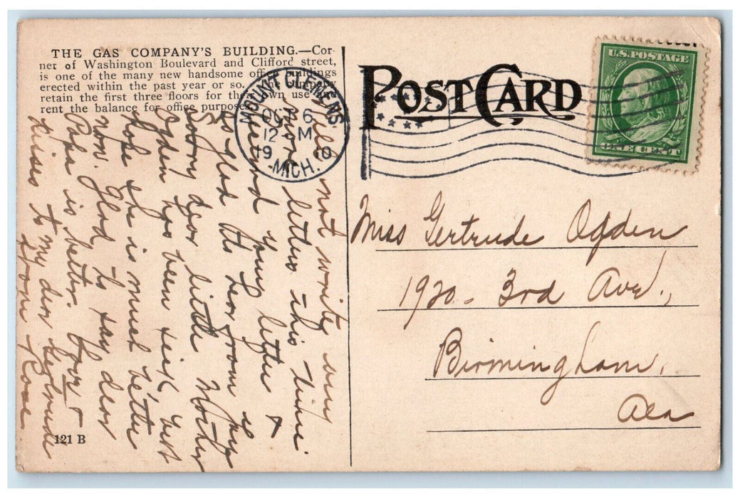 1910 Gas Company's Office Detroit Michigan MI Posted Antique Postcard