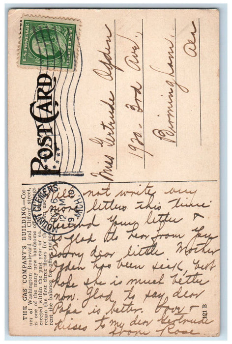 1910 Gas Company's Office Detroit Michigan MI Posted Antique Postcard