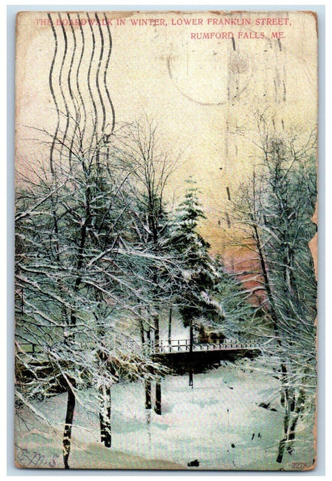 1911 Boardwalk Winter Snow Lower Franklin Street Rumford Falls Maine ME Postcard