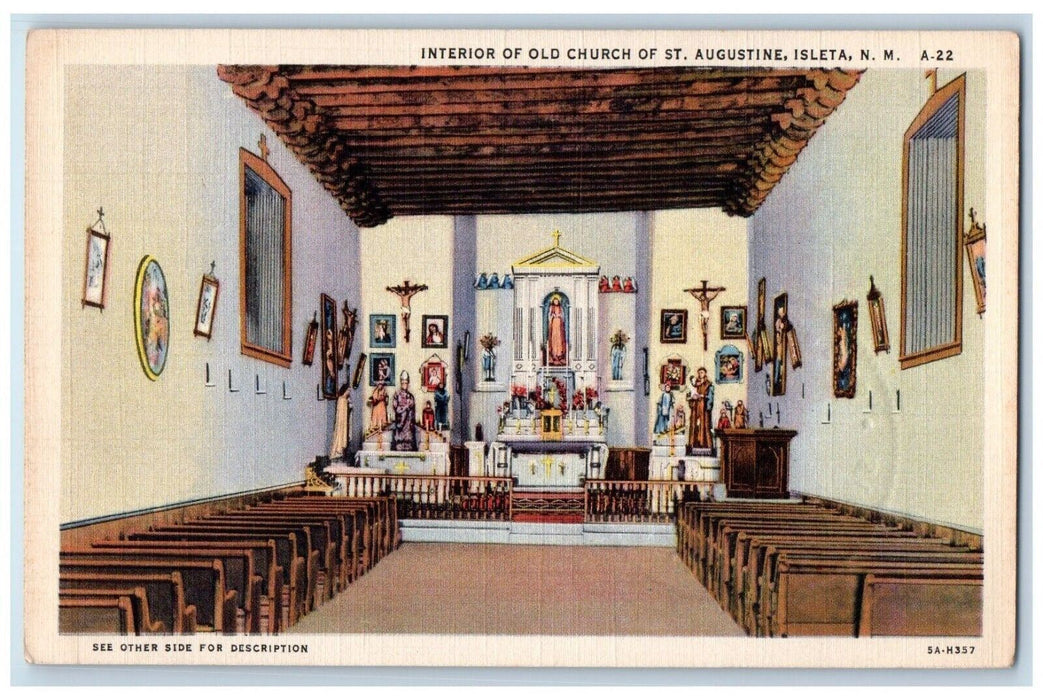 c1940 Interior Old Church St. Augustine Saints Bench Isleta New Mexico Postcard