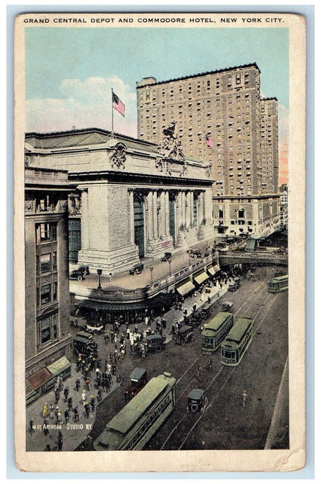 c1920's Grand Central Depot Commodore Hotel Trolley New York City NY Postcard