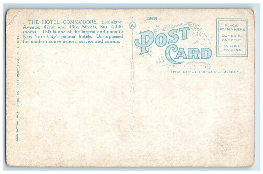 c1920's Grand Central Depot Commodore Hotel Trolley New York City NY Postcard