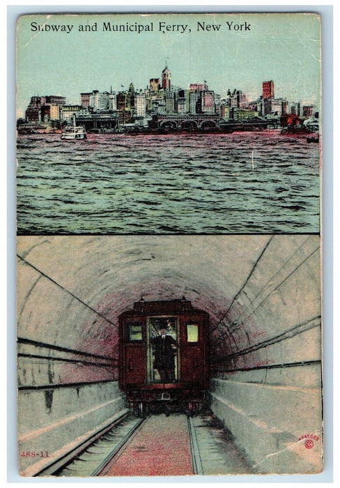 1911 Subway And Municipal Ferry New York NY, Tunnel Dual View Antique Postcard