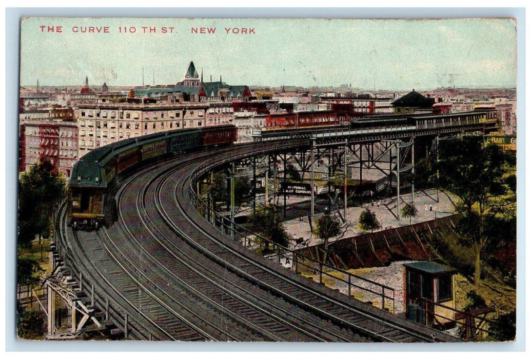 1910 The Curve 110th Street New York NY, Railroad Train New York NY Postcard