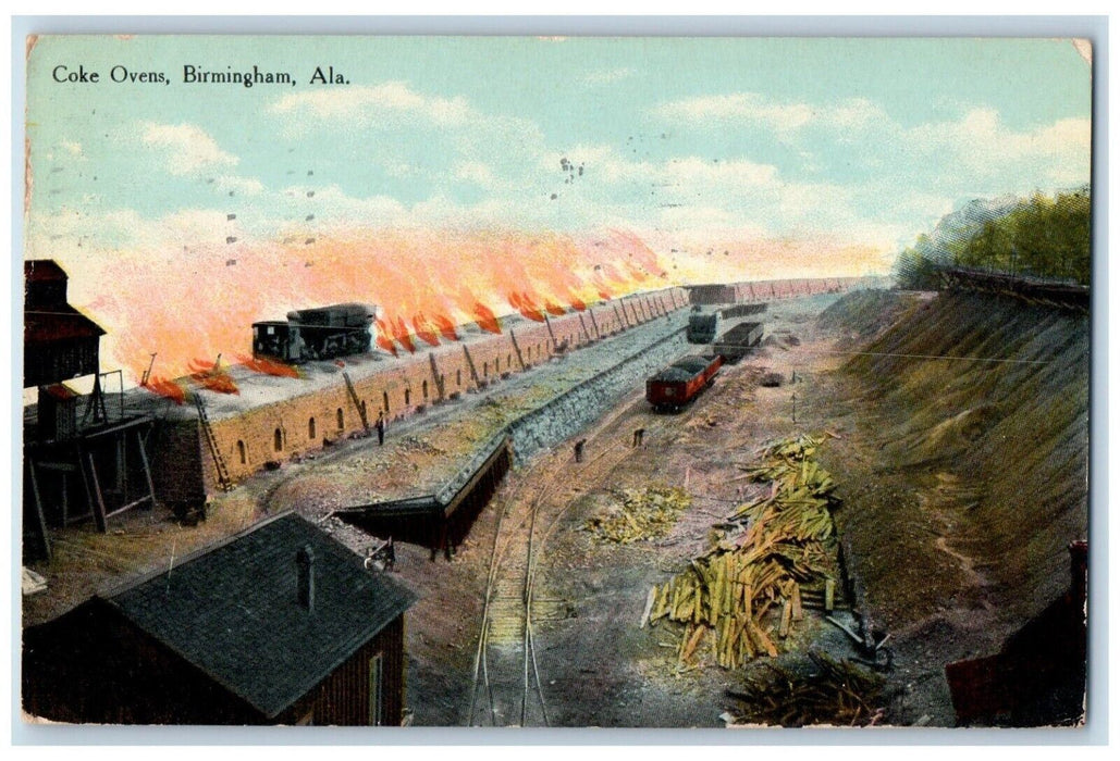 1910 Coke Ovens Fire Locomotive Train Construction Birmingham Alabama Postcard