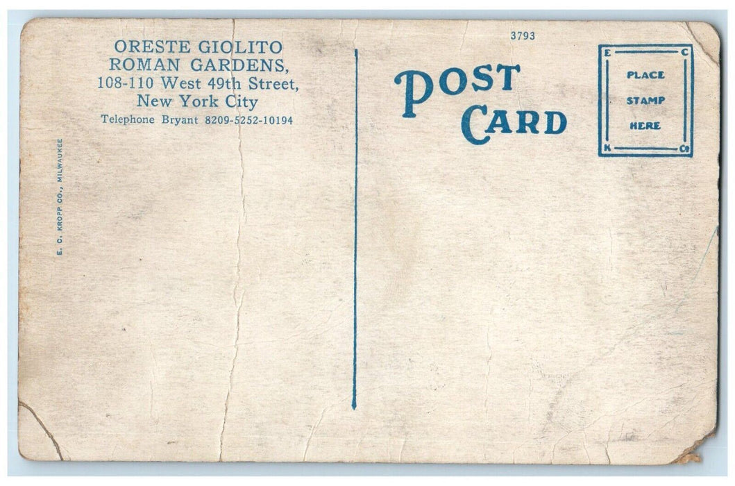 Oreste Giolito Roman Gardens Dining Room New York City NY Antique Postcard