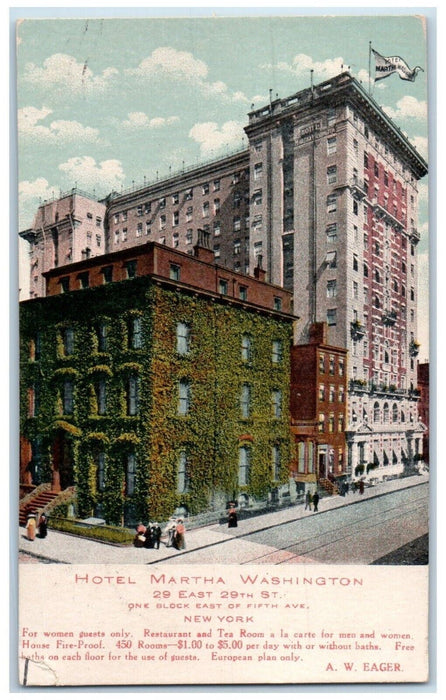 1908 Hotel Martha Washington Building Street View New York NY Antique Postcard