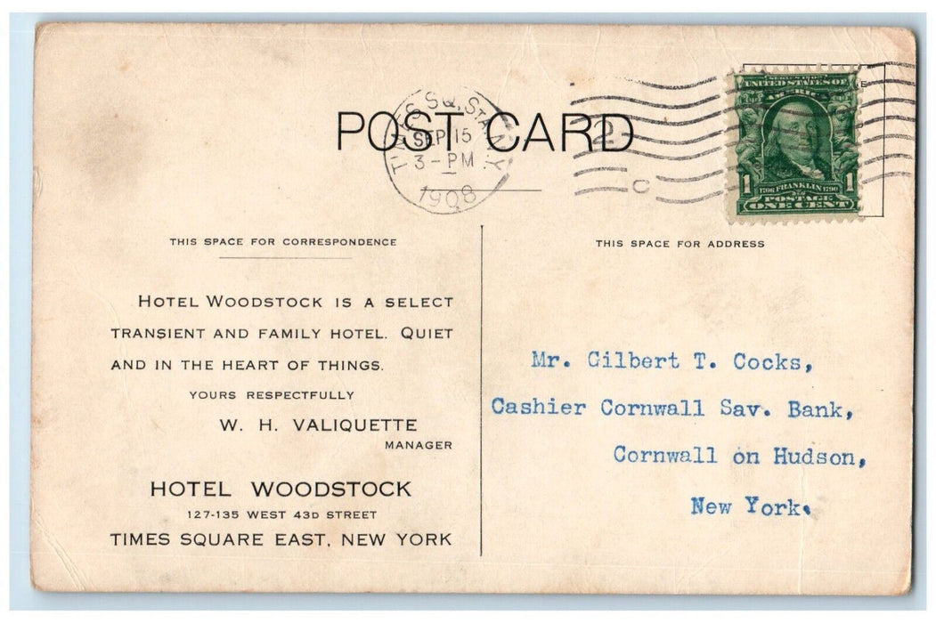 1908 Entrance Of Hotel Woodstock Building New York City NY Antique Postcard