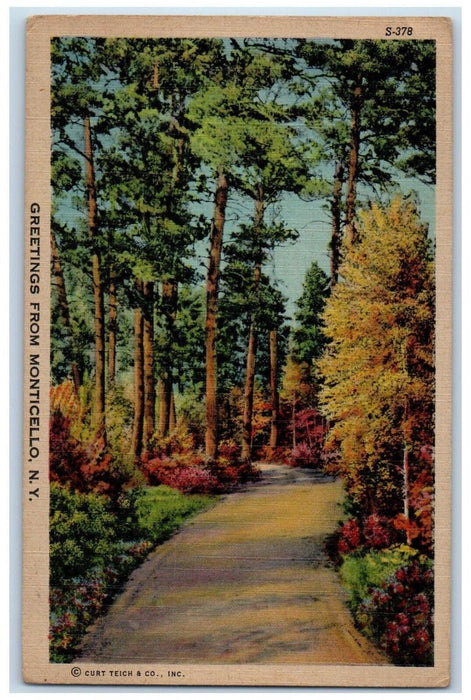 1948 Greetings From Monticello Park Pathway Garden Flowers New York NY Postcard