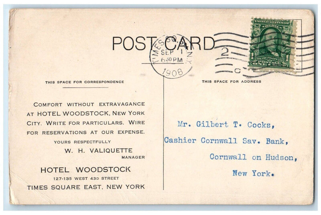 1908 Hotel Woodstock Building Car New York City NY Posted Antique Postcard