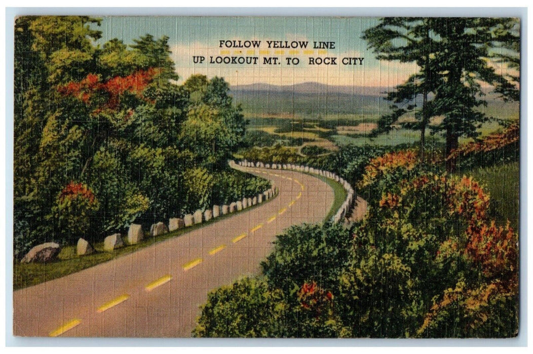 1940 Follow Yellow Line Up Lookout Mt To Rock City Miles Chattanooga TN Postcard
