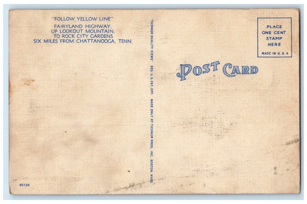 1940 Follow Yellow Line Up Lookout Mt To Rock City Miles Chattanooga TN Postcard