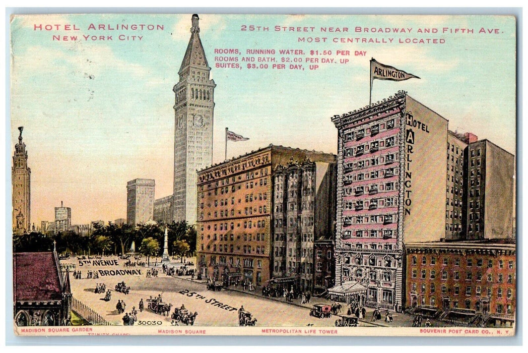1914 Hotel Arlington Buildings Cars New York City NY Posted Antique Postcard