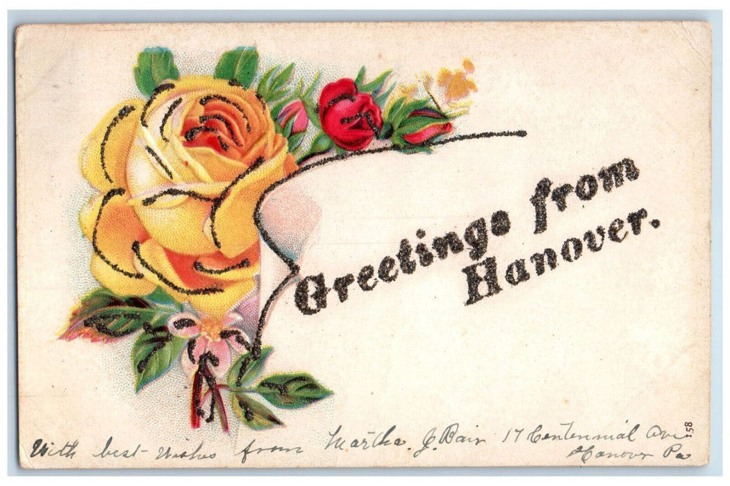 c1910 Greetings from Hanover Pennsylvania PA Embossed Flower Glitters Postcard