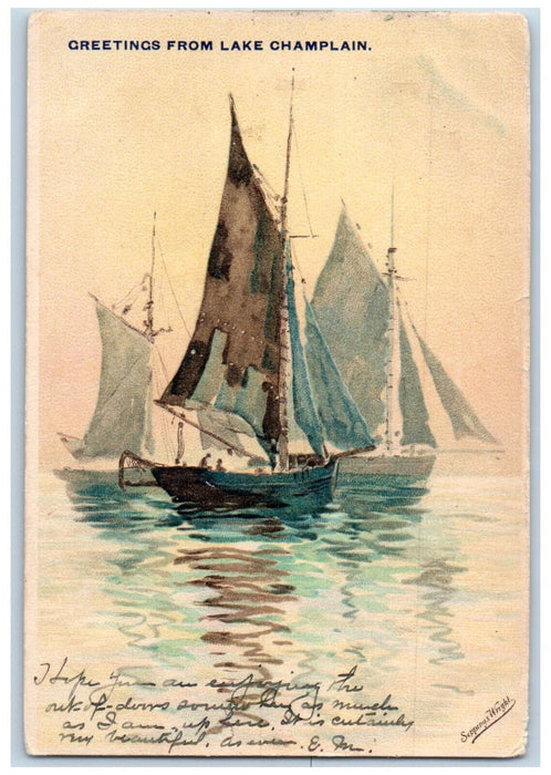 1909 Schooner Greetings from Lake Champlain New York NY Port Kent NY Postcard