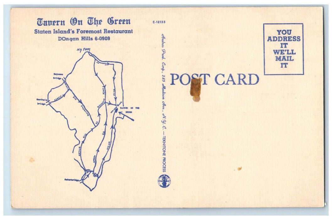 c1940's Tavern on the Green New Dorp Staten Island NY Map View Postcard