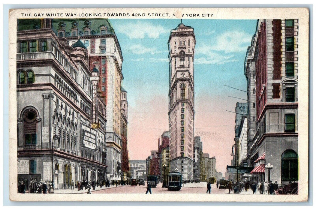 1918 The Gay White Looking Towards 42ND Street Trolley New York City NY Postcard