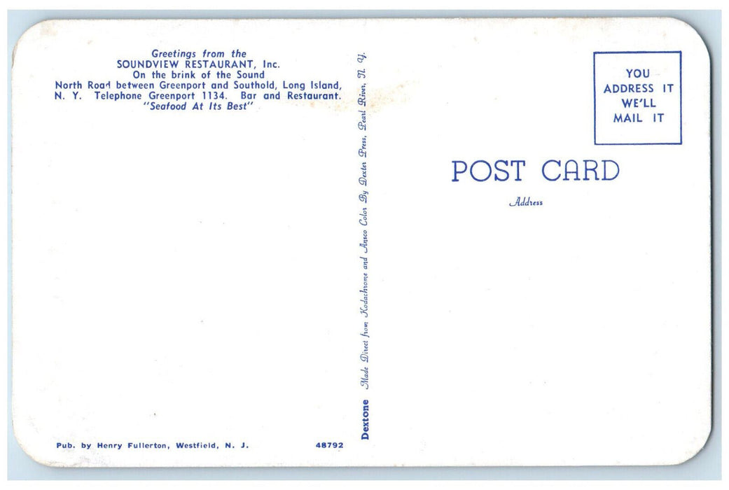 c1960's Greetings from the Soundview Restaurant Inc Long Island NY Postcard