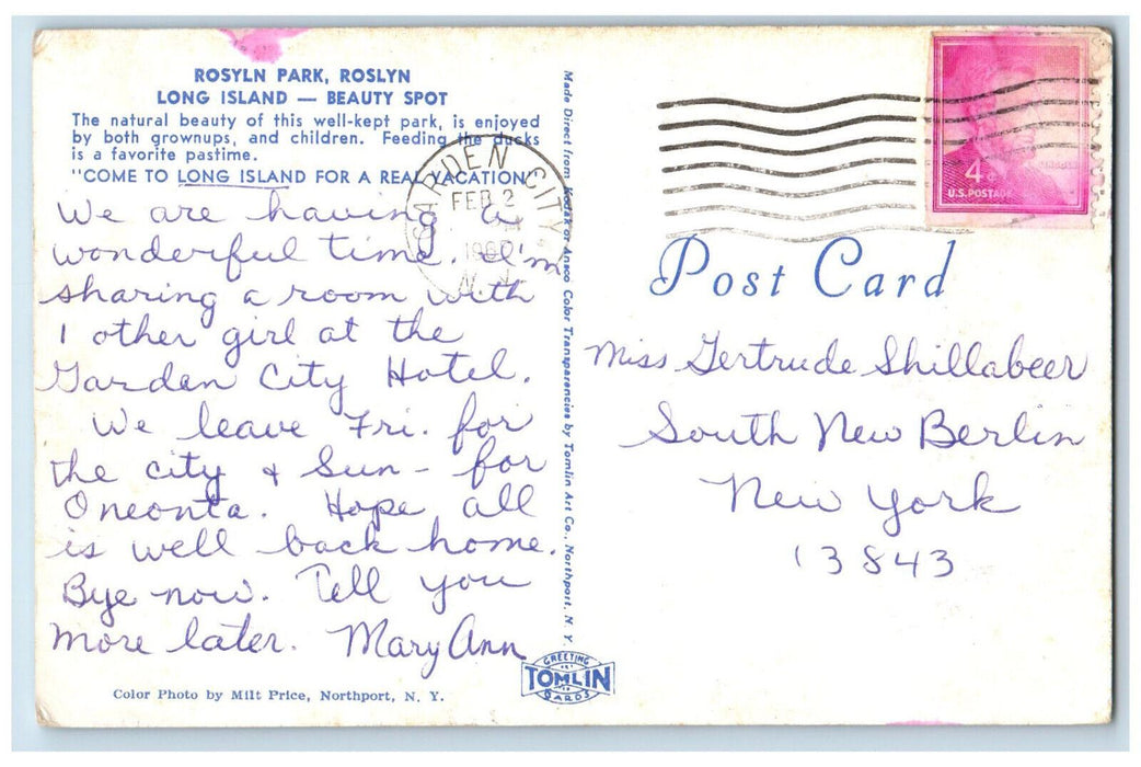 c1960's Roslyn Park Roslyn Long Island New York NY Feeding Ducks Swans Postcard