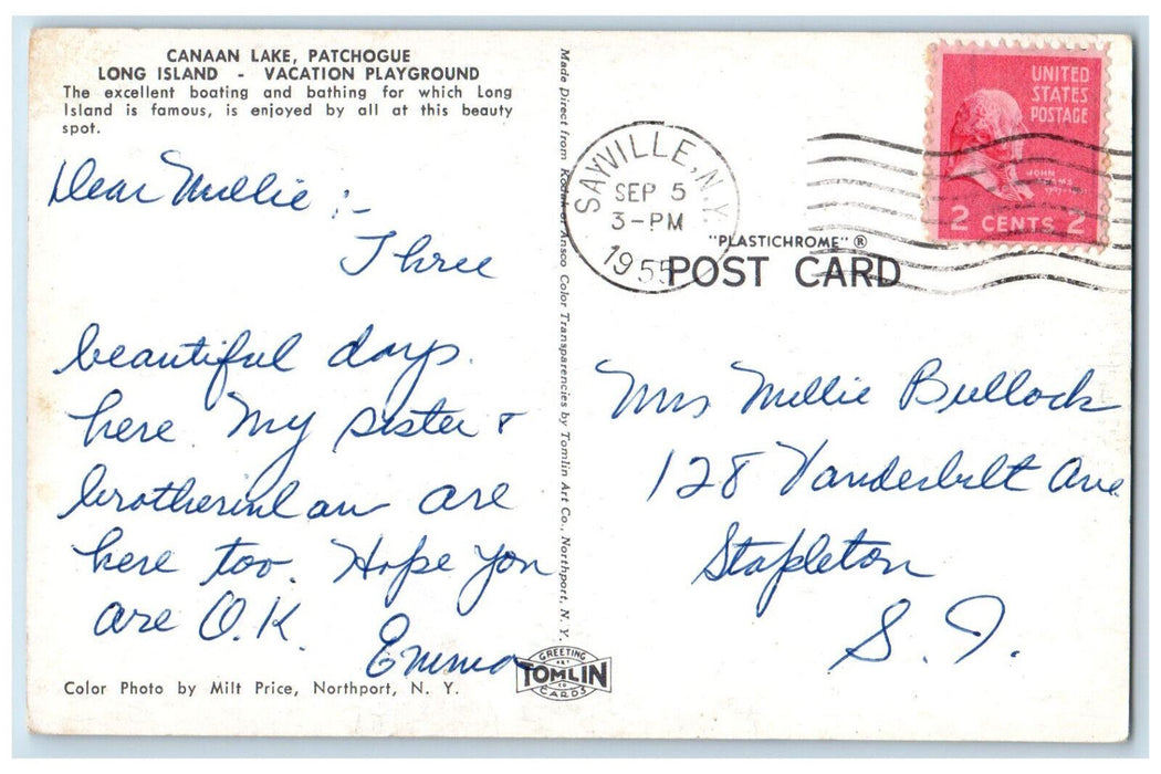 1955 Canaan Lake Patchogue Vacation Playground Long Island NY Postcard