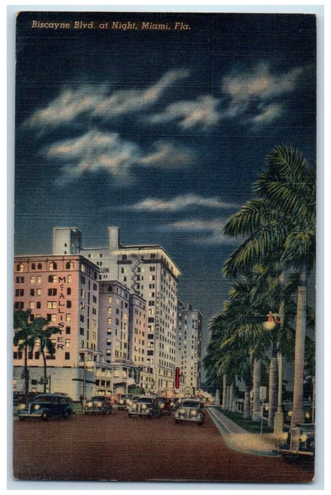 c1940 Biscayne Blvd Night Building Exterior Cars Street Miami Florida Postcard