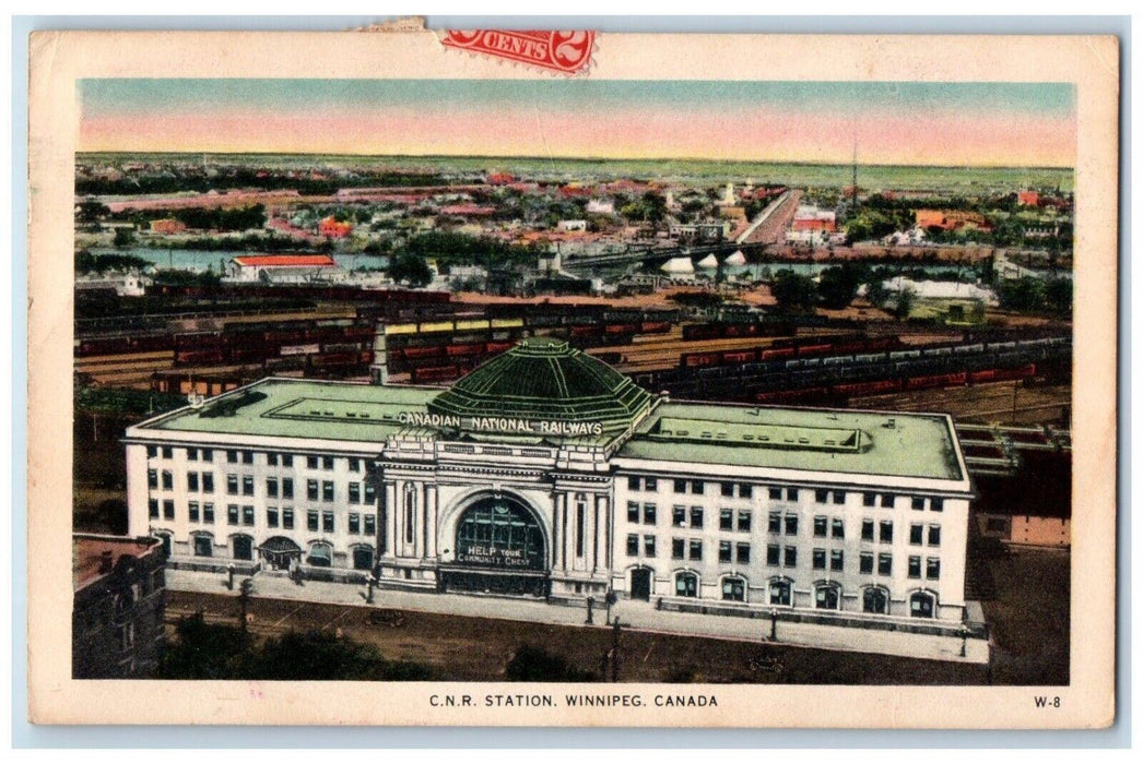 1951 Aerial Birdseye View CNR Station Exterior Building Winnipeg Canada Postcard