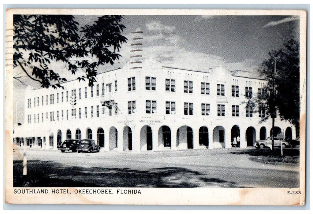 1947 Southland Hotel Exterior Building Street Road Okeechobee Florida Postcard