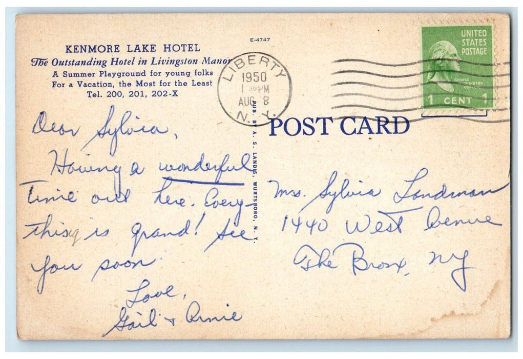 1950 Kenmore Lake Hotel Playground Vacation Livingston Manor New York Postcard