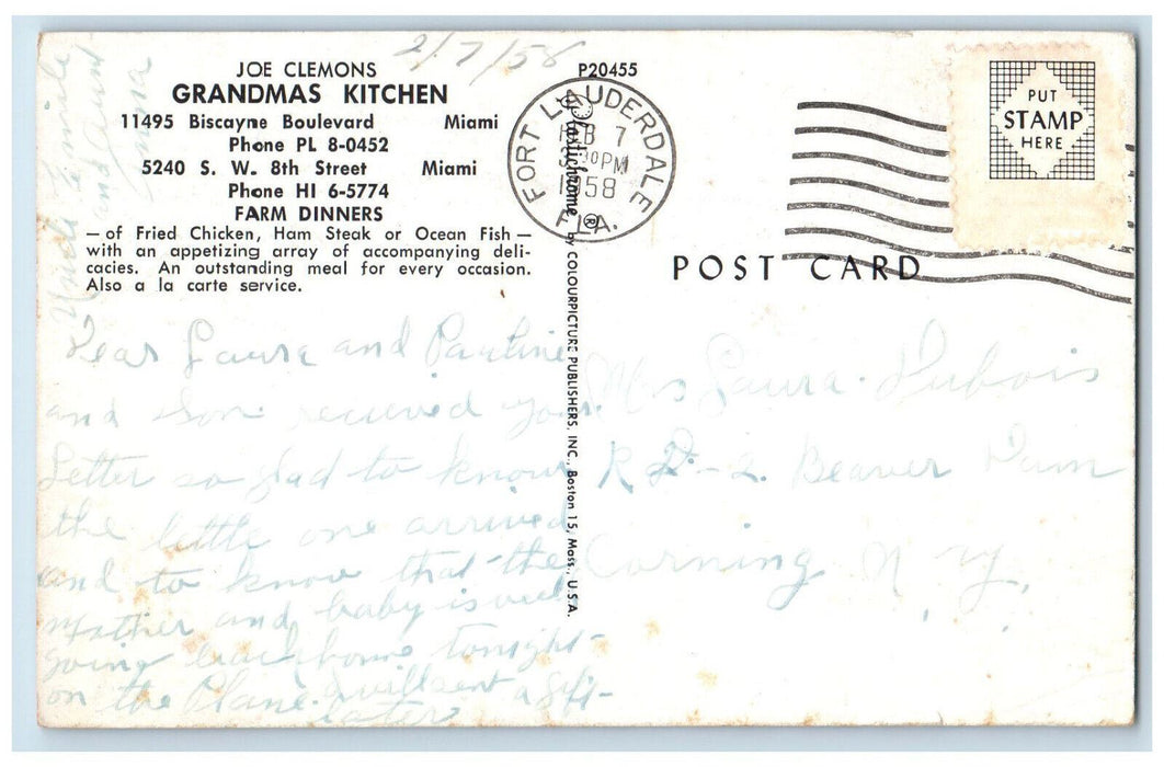 1958 Joe Clemons Grandmas Kitchen Biscayne Boulevard Miami FL Multiview Postcard