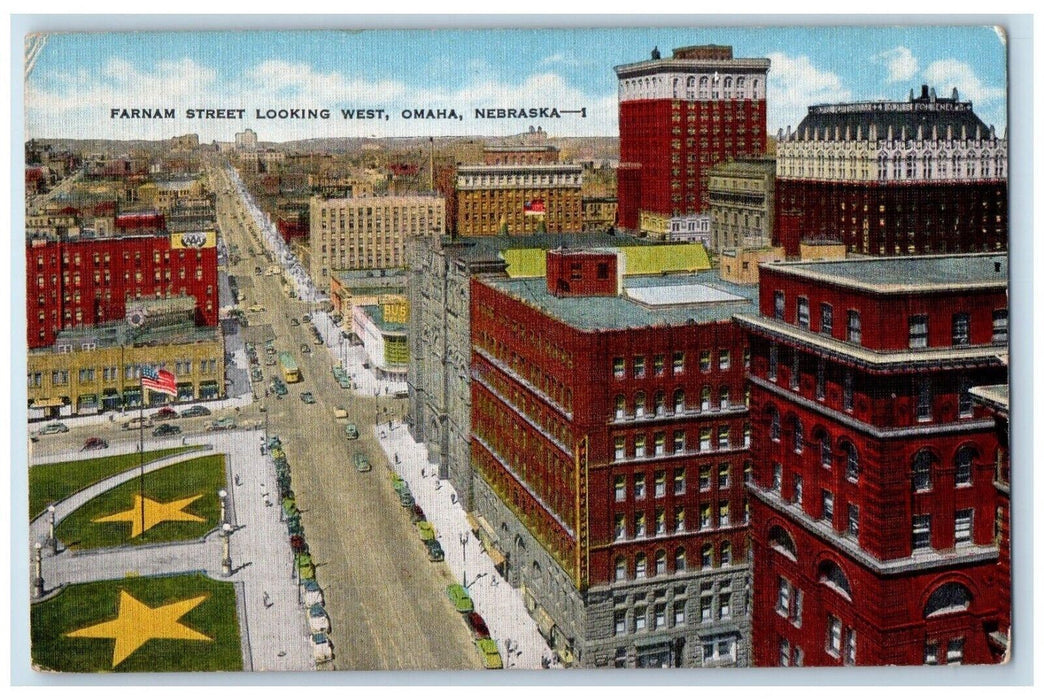 c1940 Farnam Street Looking West Building Exterior Road Omaha Nebraska Postcard
